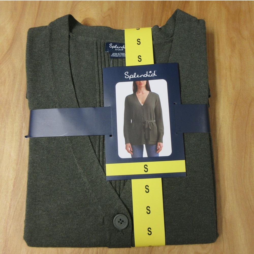 SPLENDID Button Front Belted Cardigan Sweater Sz Small Olive Army Green Knit NWT